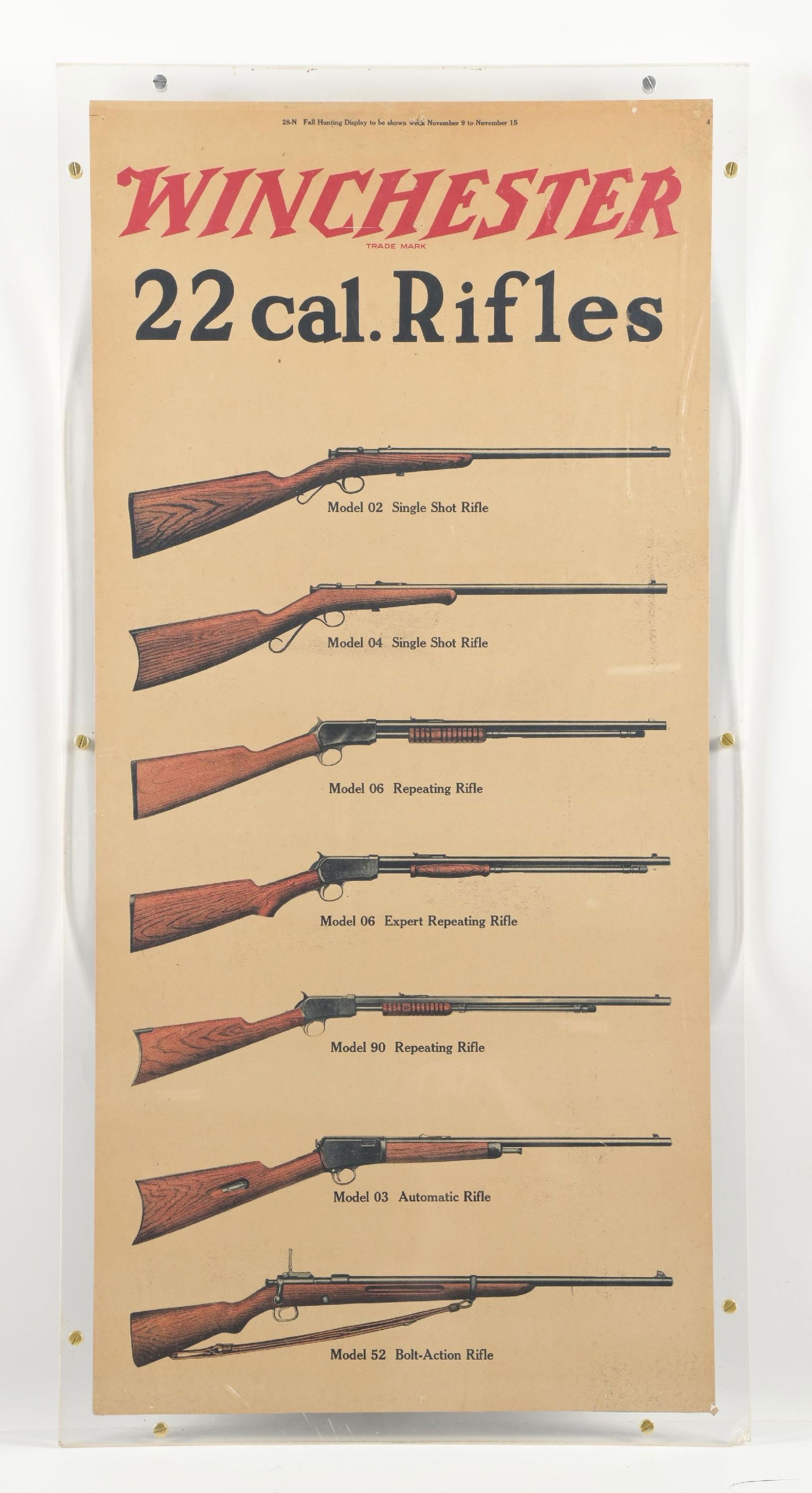 1920S WINCHESTER STORE .22 CALIBER RIFLES AND CARVING SETS DUAL SIDED CARDBOARD DISPLAY: This is a single panel originally issued in a set of five with the wooden frame and meant to stand on floor as a room divider. One side of panel features all the popular Winchester .22 rifles of the t