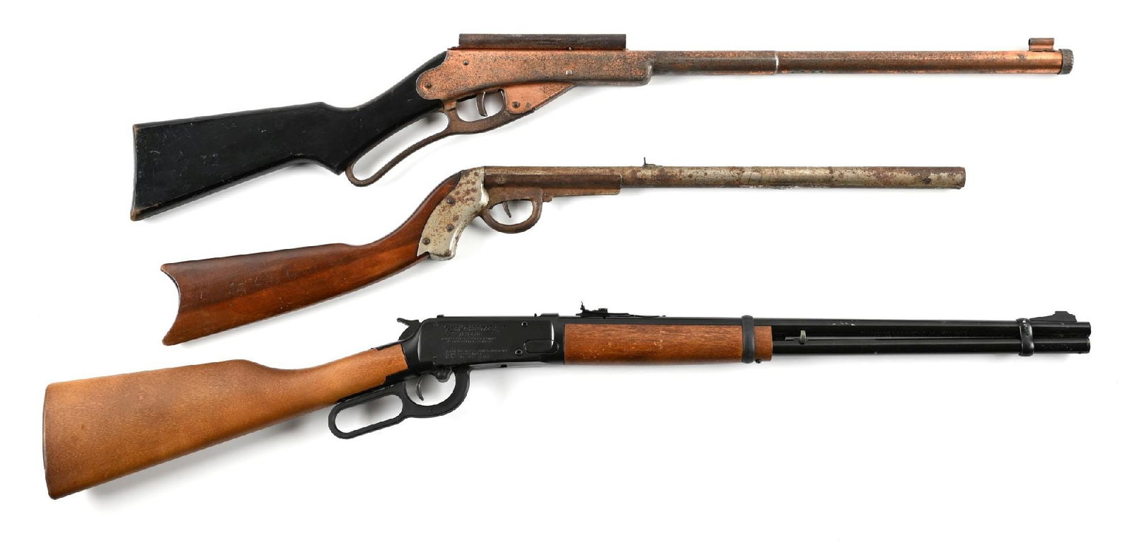 LOT OF 3 COLLECTIBLE BB GUNS.: Lot consists of: (A) Daisy No. 50 Golden Eagle 50th anniversary of Daisy, copper plated receiver and barrel, black painted pistol grip stock with the red white and blue Federal eagle decal, receiver l
