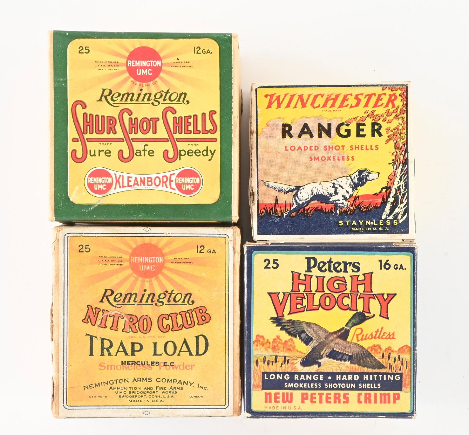 LOT OF 4 COLLECTIBLE SHOTGUN AMMUNITION BOXES.: This lot includes (A) Clean and full box of Winchester Ranger 20 gauge with the famous Pointer cover. CONDITION: Shows a few high edge wear spots. Bright, as new, graphics. (B) Peters High Velocity 16