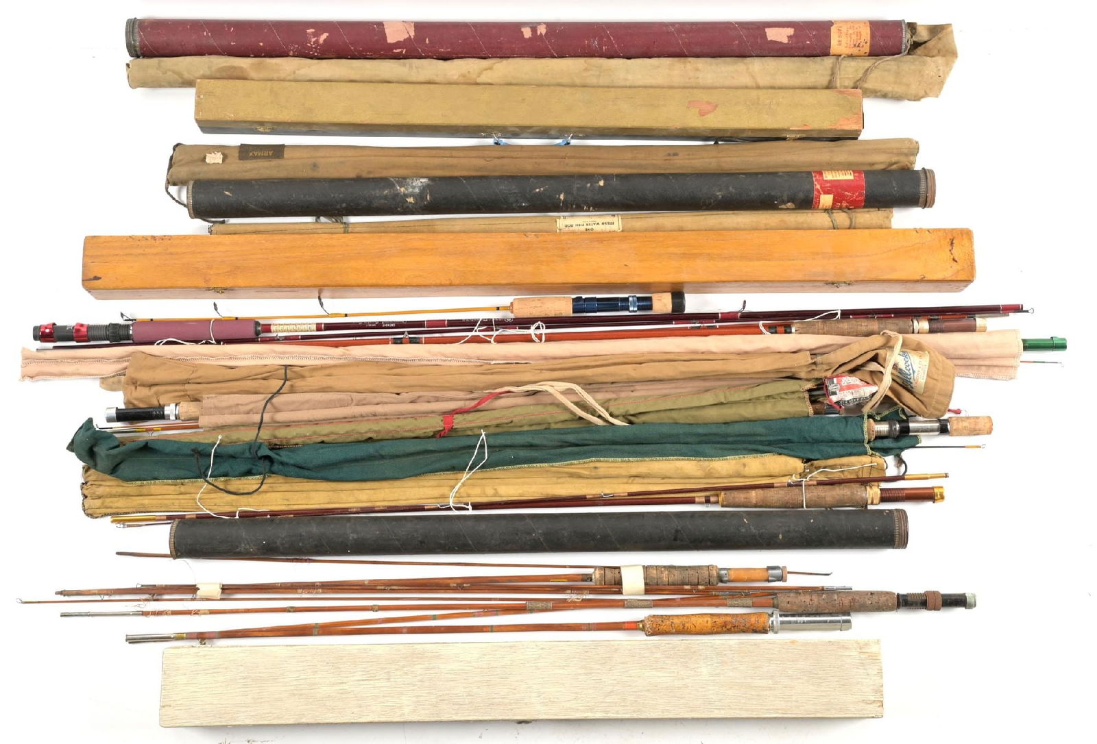 LOT OF (20) VINTAGE WOOD FLY FISHING RODS.: All appear to be wooden rods. All are in very good to excellent condition. A. 3-pc cork handle Tonkin Cane rod in canvas. B. 3-pc Hudson Cork handle wood rod with canvas. C. 3 pc unmarked in canvas. D