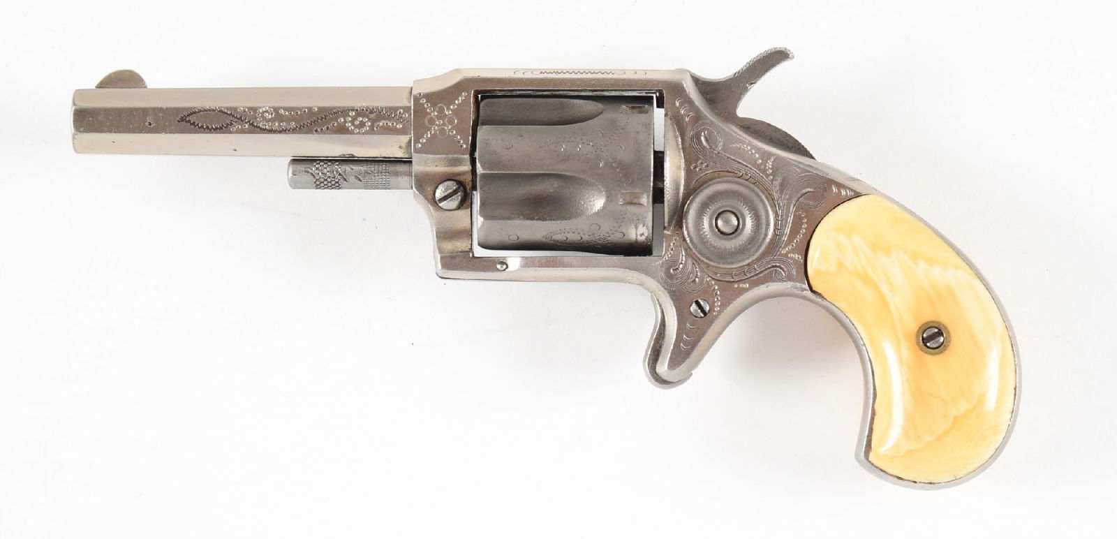 (A) CASED AND ENGRAVED RED JACKET NO. 3 SPUR TRIGGER REVOLVER.: Factory engraved with ivory bird head grips and octagon barrel. Comes in an old wood case. CONDITION: Fine. Retains majority of nickel except cylinder which is shiny grey. Cylinder does not index. Gri