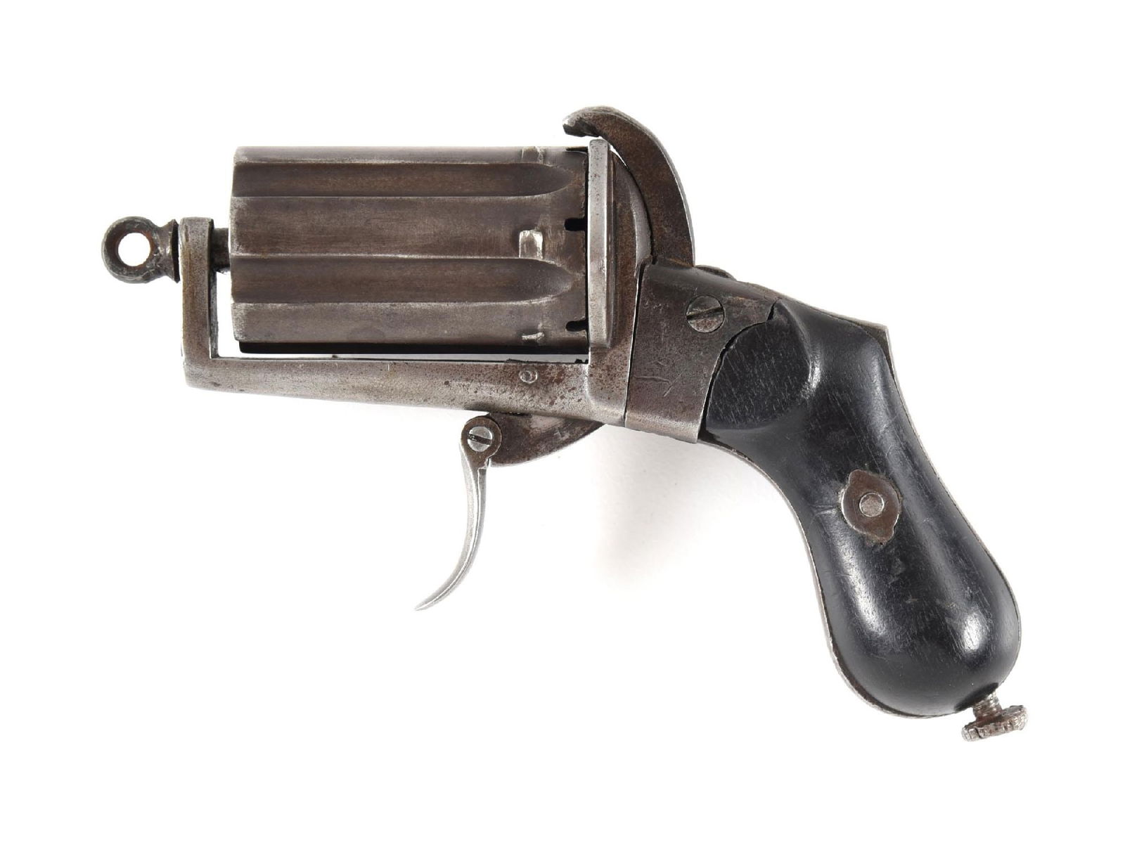 (A) DIMINUTIVE BELGIAM PINFIRE PEPPERBOX REVOLVER.: Dark wood grips, folding trigger, and made like a pepper box. CONDITION: Very good. Gun cycles but boxy. All metal is grey patina. Barrel Length: N/A Caliber/Bore: 7mm FFL Status: Antique Manufacturer