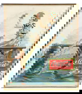 OUTSTANDING COCA-COLA WINDOW DISPLAY PRINTER'S PROOF: Maker marked "Ketterlinus, Philada.". This incredible c. 1910s-1920s single-sided paper printer's proof from Coca-Cola features a colorful scene of a man swimming up to the dock to retrieve a fountain