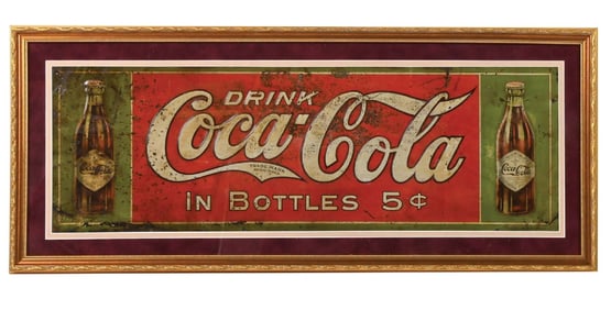COCA-COLA TIN SIGN WITH PAPER LABEL BOTTLE GRAPHICS, FRAMED