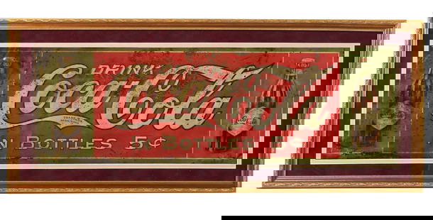 COCA-COLA TIN SIGN WITH PAPER LABEL BOTTLE GRAPHICS, FRAMED: C. 1908 single-sided tin sign from Coca-Cola with paper label bottle graphics. CONDITION: The Coke sign shows heavy paint loss, wear and oxidation throughout. The entire sign has also been clear coate
