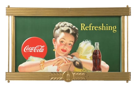 COCA-COLA "REFRESHING" SIGN W/ WOMAN GRAPHIC.