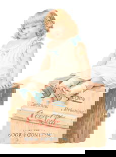 EARLY COCA-COLA "GIRL ON BOX" DIECUT SIGN: This c. 1890s single-sided pressed cardboard sign from Coca-Cola features a young girl sitting atop a box, with an early script logo and "Delicious and Refreshing" tagline. CONDITION: There are a few
