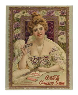 OUTSTANDING COCA-COLA CHEWING GUM HILDA CLARK SIGN: Single-Sided Cardboard. This fantastic c. 1903 single-sided die-cut cardboard sign from Coca-Cola features an impressive graphic of famed opera singer Hilda Clark, holding an early stick of Coca-Cola