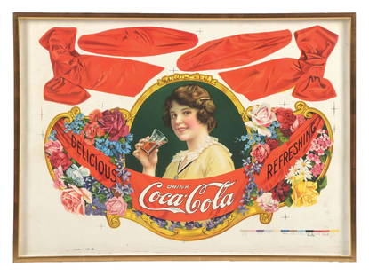 OUTSTANDING COCA-COLA FESTOON PRINTER'S PROOF: Maker marked "Ketterlinus, Philada.". This incredible c. 1910s single-sided paper printer's proof for an early Coca-Cola festoon shows a wonderful graphic of a woman enjoying a fountain glass of Coca-