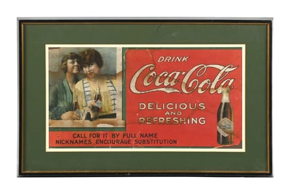 COCA-COLA TROLLEY CARD SIGN W/ STRAIGHT-SIDED BOTTLE GRAPHIC