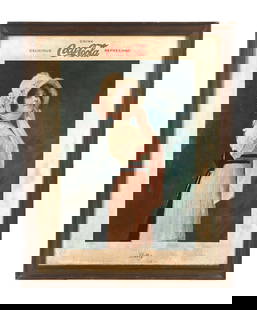 COCA-COLA BETTY SIGN: This c. 1914 single-sided cardboard sign from Coca-Cola features the script logo and the woman known as Betty. CONDIITON: The field shows wear and color loss throughout. Areas of her pink dress and