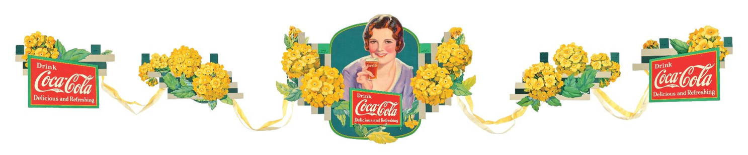 COMPLETE COCA-COLA VERBENA CARDBOARD FESTOON W/ ORIGINAL ENVELOPE: This c. 1932 single-sided cardboard festoon made for Coca-Cola is known as the "Verbena," and is nicely decorated with ribbons and floral motifs. This festoon is complete and comes with its original