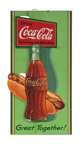 COCA-COLA 3-D CARDBOARD HANGER SIGN W/ HOTDOG AND BOTTLE GRAPHIC