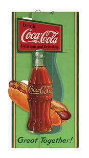 COCA-COLA 3-D CARDBOARD HANGER SIGN W/ HOTDOG AND BOTTLE GRAPHIC: Single-Sided Cardboard. Maker marked "Niagara Litho. 1932". This c. 1932 die-cut and 3-D cardboard sign from Coca-Cola features a wonderful graphic of a hotdog with the iconic contour bottle. This