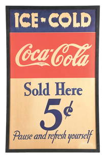 IMPRESSIVE COCA-COLA "ICE COLD SOLD HERE" SIGN: Single-Sided Cardboard. This c. 1930s large and impressive single-sided cardboard sign from Coca-Cola features the script logo with a nice 5&#162; graphic in the center. CONDITION: The field of the si