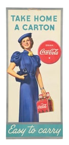 DRINK COCA-COLA TAKE HOME A CARTON SIGN W/ WOMAN GRAPHIC