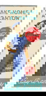 DRINK COCA-COLA TAKE HOME A CARTON SIGN W/ WOMAN GRAPHIC: Single-Sided Cardboard. Maker marked "Snyder & Black". This c. 1937 single-sided cardboard sign from Coca-Cola features a wonderful graphic of a woman carrying a six-pack of Coca-Cola. CONDITION: The