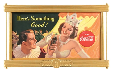 DRINK COCA-COLA "HERE'S SOMETHING GOOD" FRAMED CARDBOARD POSTER