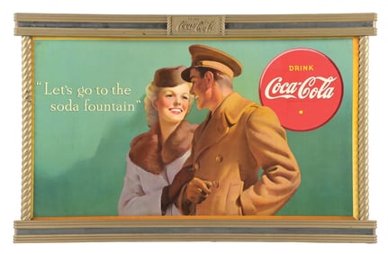 BEAUTIFUL COCA-COLA "LET'S GO TO THE SODA FOUNTAIN" FRAMED CARDBOARD ADVERTISING SIGN