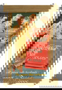 COCA-COLA POSTER W/ WOMEN GRAPHIC: SSC. A nice example of this C. 1943 "Pause That Refreshes" poster from Coca-Cola featuring women around a cooler. CONDITION: The poster shows good color in the field. There are a series of small pin h