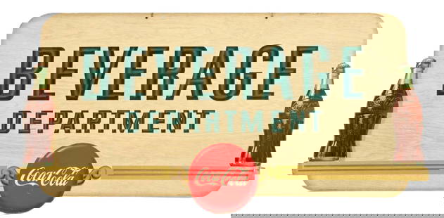 BEVERAGE DEPARTMENT COCA-COLA CARDBOARD SIGN: A nice example of this C. 1947 diecut cardboard sign from Coca-Cola featuring "Beverage Department" with nice bottle graphics on each end. CONDITION: The sign shows a a few small blemishes and