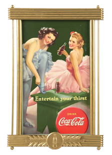 COCA-COLA "ENTERTAIN YOUR THIRST" SIGN.: A nice example of this c. 1942 "Entertain Your Thirst" poster with ballerina graphics from Coca-Cola. CONDITION: The "Entertain" poster shows light discoloration in the dark sections around the woman