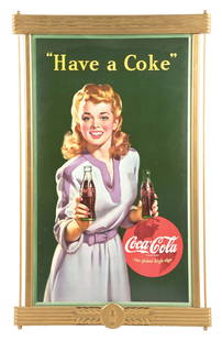 COCA-COLA "HAVE A COKE" FRAMED CARDBOARD POSTER: Single-Sided Cardboard. This c. 1943 cardboard poster from Coca-Cola features a nice graphic of a woman holding a Coke, with Western hemisphere shown in the circular Coke logo. CONDITION: The field of