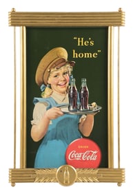 HE'S HOME COCA-COLA CARDBOARD SIGN W/ FRAME