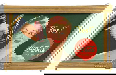YES COCA-COLA FRAMED CARDBOARD POSTER: Single-Sided Cardboard. This c. 1944 cardboard poster features a woman being handed a Coke from a serviceman as she exclaims "Yes!". Note the wartime image of the western hemisphere in the background