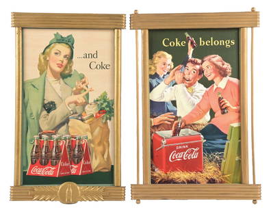 COLLECTION OF 2 COCA-COLA CARDBOARD SIGN W/ ORIGINAL FRAMES: This collection of two cardboard signs from Coca-Cola includes the 1946 "...and Coke" sign, and the 1950 "Coke Belongs" sign with cooler graphic. CONDITION: (A) The "...and Coke" sign shows darkening