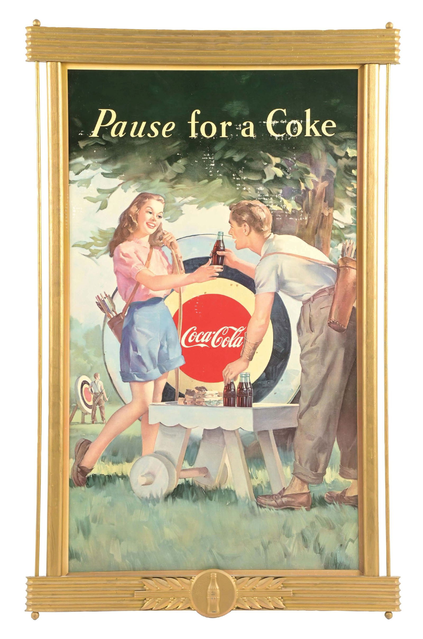 COCA-COLA "PAUSE FOR A COKE" FRAMED CARDBOARD POSTER: Single-Sided Cardboard. This large and impressive c. 1948 cardboard poster from Coca-Cola features a man and woman enjoying Coke while target practicing with a bow and arrow. CONDITION: The field of t