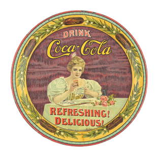 1900 COCA-COLA TIP TRAY W/ HILDA CLARK GRAPHIC: Maker marked "Standard Adv. Co.". This c. 1900 tip tray from Coca-Cola features a nice early script logo with a graphic of Hilda Clark in the center. CONDITION: The field shows very light crazing to t