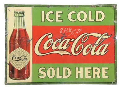 COCA-COLA "ICE COLD SOLD HERE" STRAIGHT-SIDED BOTTLE SIGN