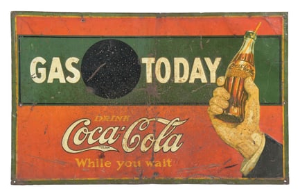 GAS TODAY COCA-COLA SIGN W/ HAND & BOTTLE GRAPHIC