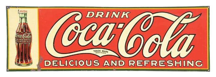 DRINK COCA-COLA DELICIOUS AND REFRESHING EMBOSSED TIN SIGN