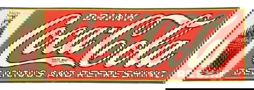 DRINK COCA-COLA DELICIOUS AND REFRESHING EMBOSSED TIN SIGN: SST. Maker marked "Dasco. 1929". This c. 1929 single-sided tin sign from Coca-Cola features the iconic script logo and bottle graphic. This sign is uncommon and features a larger script logo with a he
