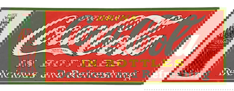 DRINK COCA-COLA SIGN W/ BOTTLE GRAPHIC: SST. Maker marked "American Art Works". This c. 1931 single-sided embossed tin sign from Coca-Cola features the iconic company logo with a Christmas bottle graphic. CONDITION: The field of the sign re