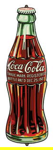COCA-COLA DIE-CUT CHRISTMAS BOTTLE SIGN: SST. Maker marked "American Art Works, 1933". A nice example of this c. 1933 single-sided tin die-cut bottle sign from Coca-Cola, featuring the iconic script logo with Dec. 25, 1923 patent date. CONDI