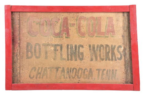 COCA-COLA BOTTLING WORKS SIGN: SST. This c. 1930s single-sided hand-painted tin sign from The Coca-Cola Bottling Works of Chattanooga, Tennessee features a nice patina; and the home town of the origin of Coca-Cola bottling. CONDITI