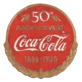 KAY DISPLAY COCA-COLA "50TH ANNIVERSARY" EMBOSSED TIN SIGN