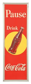 PAUSE DRINK COCA-COLA EMBOSSED TIN SIGN