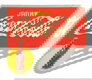DRINK COCA-COLA FLANGE SIGN W/ SUNSPOT GRAPHIC: DST. Maker marked "AAW 8-41". This c. 1941 double-sided tin flange sign from Coca-Cola features the iconic script logo with a nice sun and bottle graphic. CONDITION: Side 1 shows good color and gloss