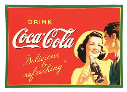 COCA-COLA TIN SIGN W/ MAN AND WOMAN GRAPHIC: SST. Maker marked "AAW". This c. 1940s single-sided tin sign from Coca-Cola features a wonderful graphic of a man and woman sharing a bottle Coke. CONDITION: This sign retains outstanding color and gl