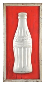 EMBOSSED TIN COCA-COLA BOTTLE SIGN WITH WOOD FRAME