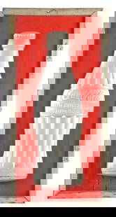 EMBOSSED TIN COCA-COLA BOTTLE SIGN WITH WOOD FRAME: SST. This c. 1940s single-sided tin sign from Coca-Cola features a deeply embossed contour bottle with the script logo on a red background with original wood frame. CONDITION: The silver bottle shows
