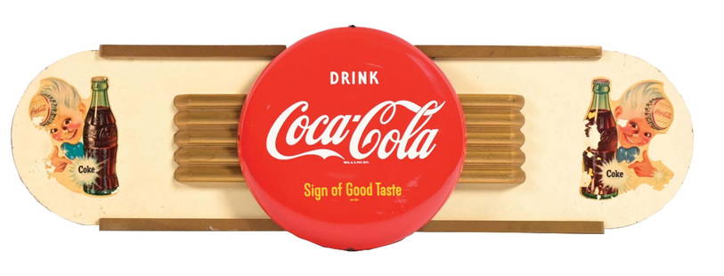 COCA-COLA SIGN W/ SPRITE BOY GRAPHIC.: A nice example of this C. 1940's sign from Coca-Cola featuring a tin button sign and masonite Kay Display wings with Sprite Boy Graphic. CONDITION: The button shows a few scuffs with areas of paint lo