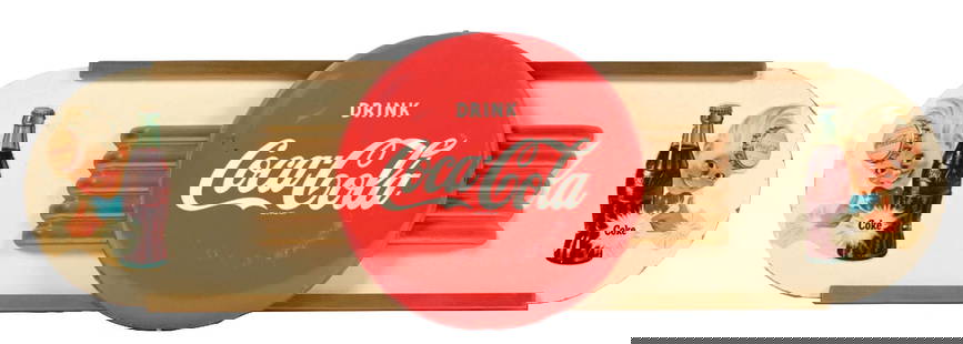 COCA-COLA SIGN W/ SPRITE BOY GRAPHIC: A nice example of this C. 1940s sign from Coca-Cola featuring a tin button sign and Masonite Kay Display wings with Sprite Boy Graphic. CONDITION: The button shows a few scuffs with areas of paint los