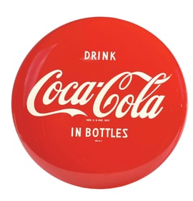 COCA-COLA "IN BOTTLES" BUTTON SIGN.