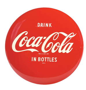COCA-COLA "IN BOTTLES" BUTTON SIGN.: SST. c. 1950s single-sided tin button sign from Coca-Cola features the script logo and "In Bottles" tagline. CONDITION: Retains nice color and shine in the field. The outer edges show a few occasional
