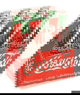 COCA-COLA DIE-CUT DELICIOUS AND REFRESHING 6-PACK SIGN: SST. Maker marked "AM 1-53". This c. 1953 single-sided die-cut tin six-pack sign from Coca-Cola features the iconic company logo and "Delicious & Refreshing" tagline. CONDITION: The sign retains nice